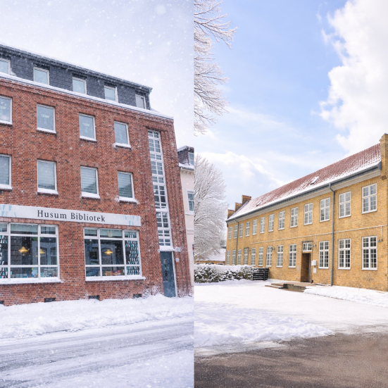Husum og Slesvig Bibliotek i snevejr.
