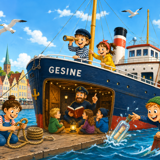 Børn leger ved fragtskibet Gesine i Flensborg (illustration, KI-genereret)