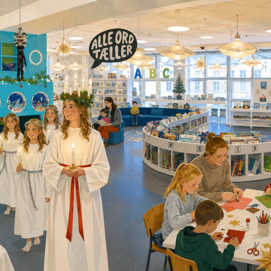 Luciadag for børn på Flensborg Bibliotek. Illustration: KI-genereret
