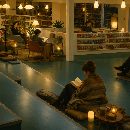Silent Reading Party på Flensborg Bibliotek. Illustration: KI-genereret