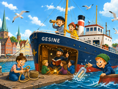 Børn leger ved fragtskibet Gesine i Flensborg (illustration, KI-genereret)