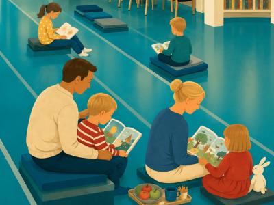 Familielæseaften på Flensborg Bibliotek. Illusration: KI-genereret