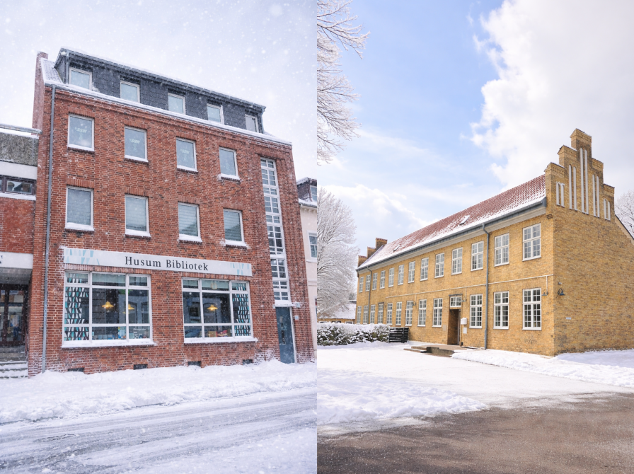 Husum og Slesvig Bibliotek i snevejr.