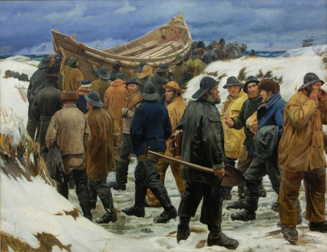 Redningsbåden køres gennem klitterne, 1883, Michael Ancher